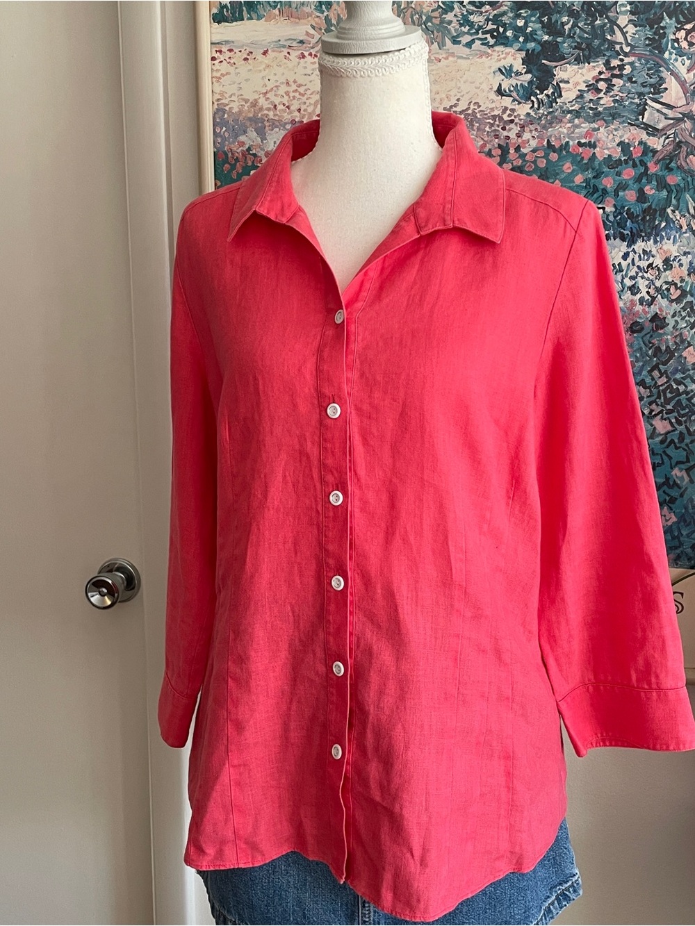 Lafayette 148 Linen Button Down Shirt Women's 10 Coral Pink 3/4 Sleeve Luxury - Picture 2 of 10